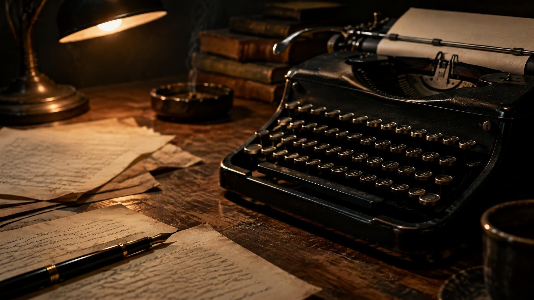 Vintage typewriter on a wooden desk surrounded by scattered manuscript pages