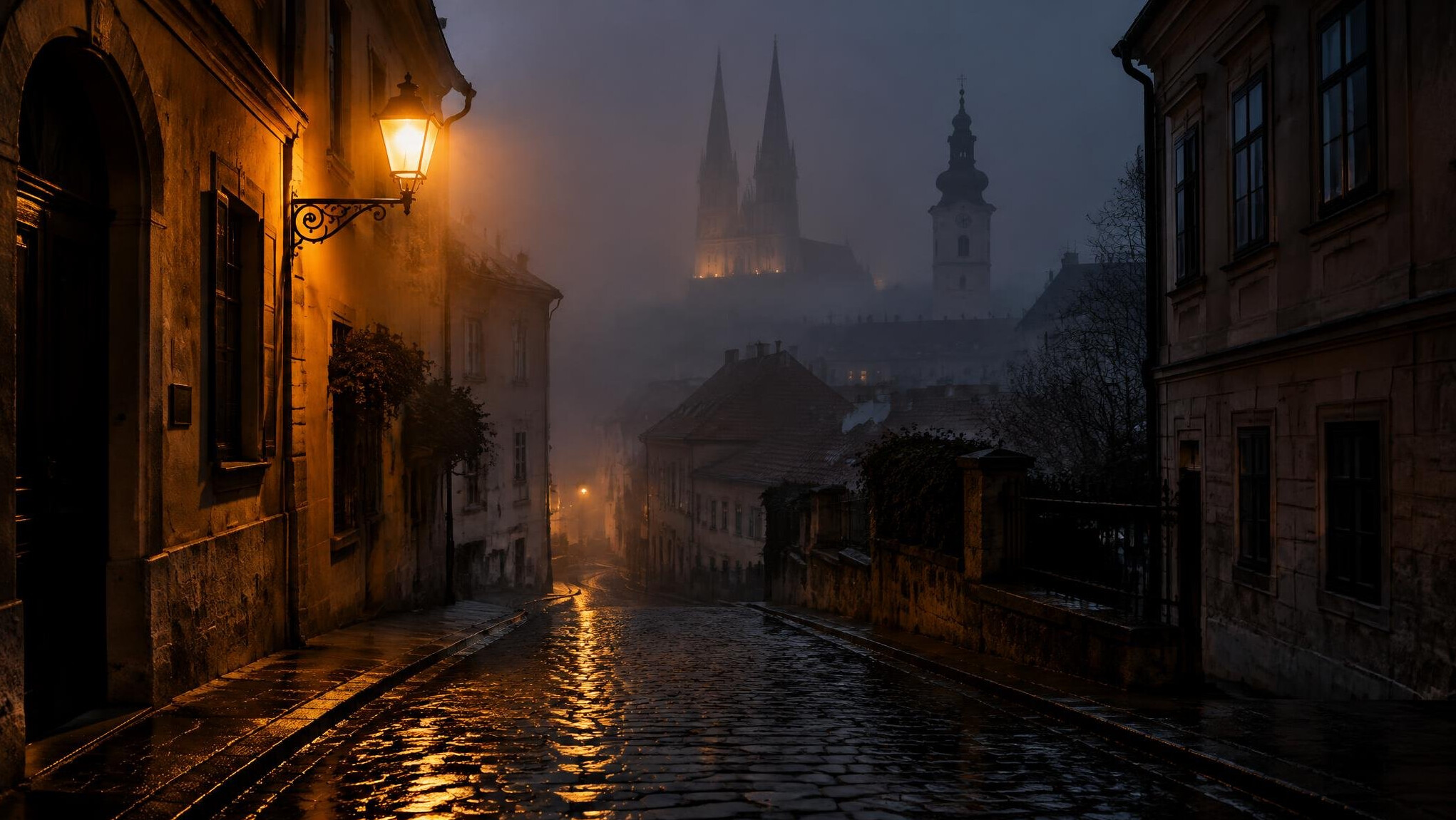 Foggy cobblestone street in an old European town at night with a single lit streetlamp