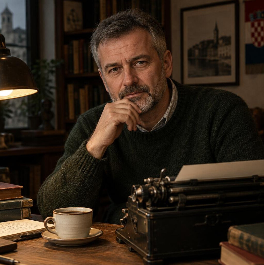 Portrait of a Croatian mystery novelist sitting at his writing desk
